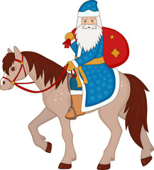 Father Frost with gift bag riding on a horse