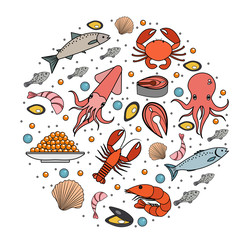 Seafood icons set in round shape, line, sketch, doodle style. Sea food collection isolated on white background. Fish products, marine meal design element. Vector illustration