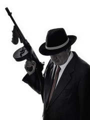 Old style gangster with tommy gun, on white background - obrazy, fototapety, plakaty