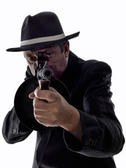 Old style gangster with tommy gun, on white background