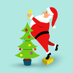 Cartoon Santa Claus and green Christmas tree. Vector illustration