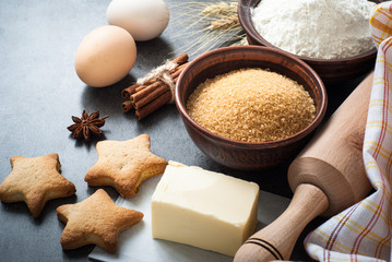 Fototapeta na wymiar Ingredients for cooking baking. Flour, sugar, eggs, butter and spices.