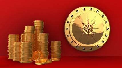 3d illustration of golden vault door over red background with coins