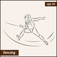 Vector illustration. Illustration shows a fencer in attack. Sport. Fencing