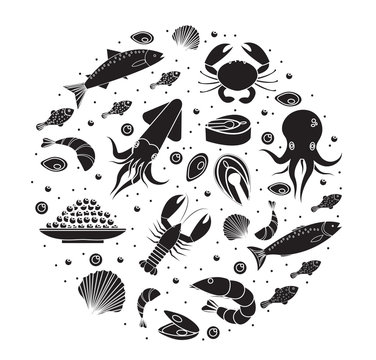 Seafood icons set in round shape, black silhouette. Sea food collection isolated on white background. Fish products, marine meal design element. Vector illustration