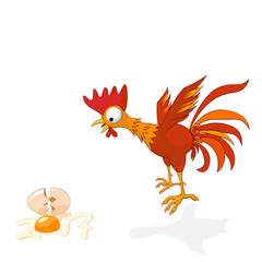 Vector illustration of cartoon rooster in shock, broken egg is stylized numbers 2017. Rooster symbol of the New Year Chinese calendar.