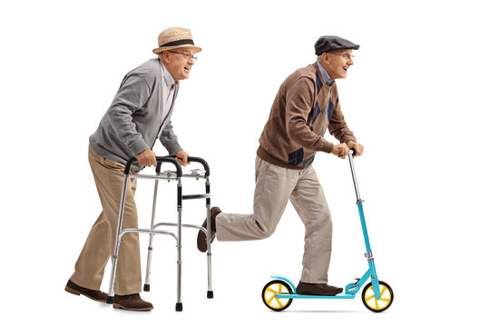 Senior walking with a walker and another senior riding a scooter