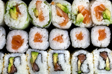 Close up view of fresh assorted sushi.