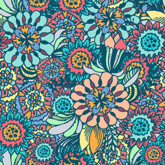 Flowers doodle - hand drawn vector seamless pattern. Sketched flowers, leaves and blossoms illustration for fabric, wallpaper or wrapping paper