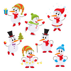 Christmas set of cute and funny little snowmen, cartoon vector illustration isolated on white background. Snowman with Christmas tree, gifts and garland, ice skating, having fun, decoration elements