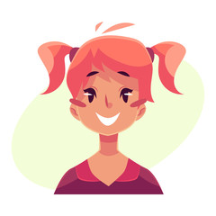 Teen girl face expression, smiling facial expression, cartoon vector illustrations isolated on yellow background. Red-haired girl emoji face smile, white teeth. Happy, glad, smiling face expression