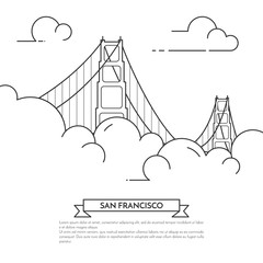 San Francisco banner with Golden Gate in fog Line art - obrazy, fototapety, plakaty