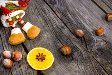 Christmas wooden background with snow fir tree. View copy space