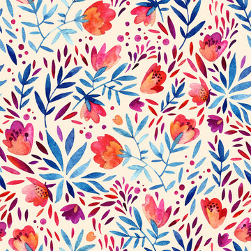 Watercolor Ornate Flowers Seamless Pattern.