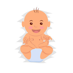 Playful baby is wearing a diaper. Toddler isolated on white background. Cartoon baby portrait top view. Raster copy