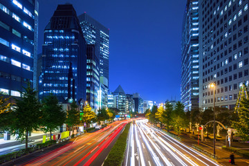 Fototapeta na wymiar Cityscape of Shinjuku district with traffic lights on the street of Tokyo, Japan
