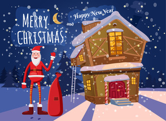 Cute Christmas greeting, happy new year, card, countryside, Santa Claus with a bag of gifts, Cartoon style, vector illustration