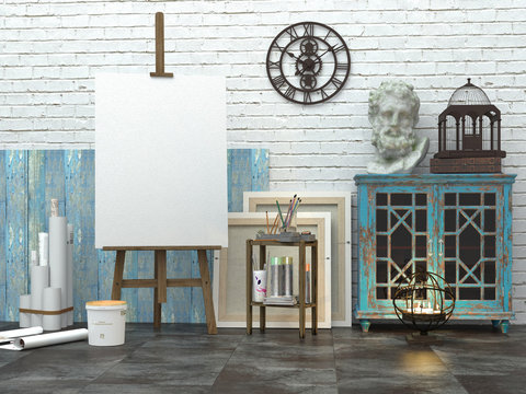 Easel with blank white canvas in the loft interior, 3d illustration of the artist's studio