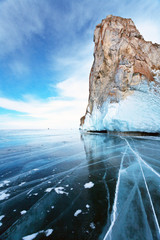 Lake Baikal. Travel on ice to the Olkhon Island. Cape Sagan-Khushun