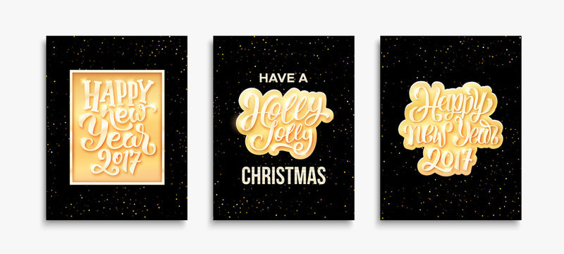 Have a Holly Jolly Christmas and Happy New Year 2017 calligraphic text on greeting cards collection. Vector poster templates for Xmas with golden typographic labels and confetti on black background