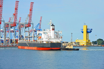 Tugboat assisting bulk cargo ship