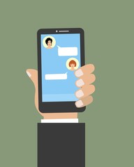 Chat connection icon. There is a hand, holding a phone, in the picture. Vector illustration