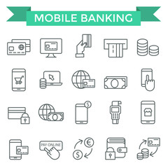 Mobile banking and pay on line icons, thin line, flat design