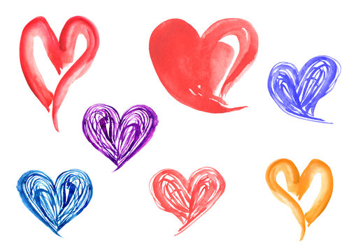 Watercolor vintage set of different color hearts. On an isolated white background. Drawing can be used for decoration and for Valentine's Day
