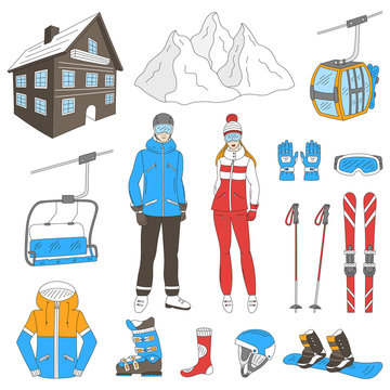 Ski resort icons set snowboarder man and woman, resort hotel, mountains, funicular, chairlift, winter sport equipment, isolated hand drawn doodle vector illustration.