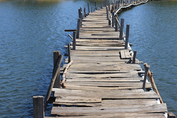 Old wood bridge in water in the summer.