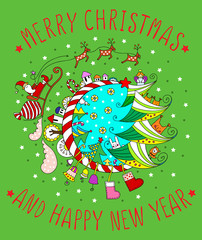 Merry Christmas and Happy New Year card. Vector illustration. Greeting postcard.
