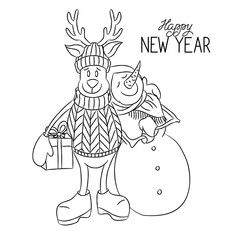 Isolated sketch Cartoon cute hand drawn Christmas deer with snowwoman