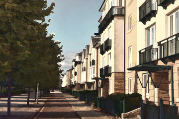 Fototapeta na wymiar Modern new terraced houses and apartment flats in Cardiff, Wales, UK. Painting illustration effect image