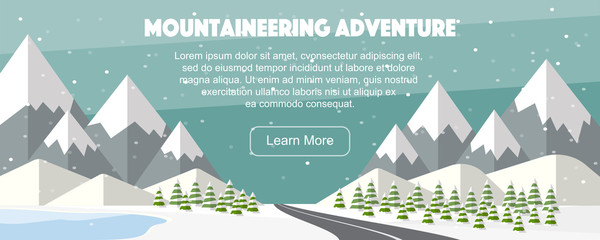 Mountaineering adventure. Alps, fir trees, lake, mountains wide panoramic background. Winter web banner design. Vector high mountains, winter wide landscape.