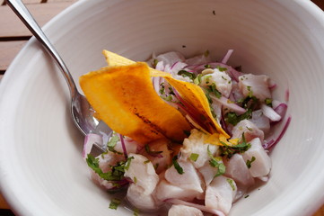 Raw fish ceviche with plantain chips