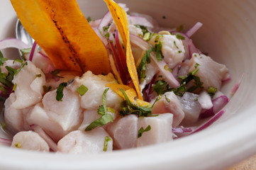 Raw fish ceviche with plantain chips