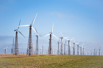 View of many wind turbines on blue sky background. Concept of green energy