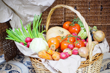 Different kinds of vegetables picked in the harvest basket