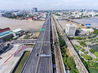 Aerial view of transport on Highway Road, Bangkok, Thailand