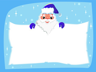 Santa Claus with a paper in his hand. New Year is coming. Congratulation of Santa Claus. Christmas Eve. Congratulations. Gifts. Celebration. Fun