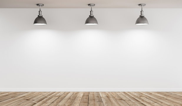 Stanza vuota illuminata con faretti a soffitto e parquet render