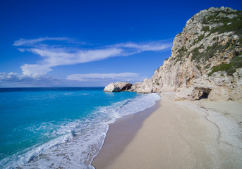 Aerial of the amazing Kathisma beach in Lefkada island Greece