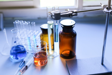 Laboratory glassware, bottle, flasks for experiment in lab.