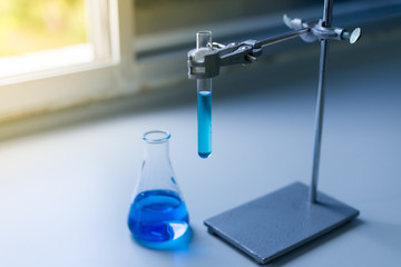 Laboratory glassware, bottle, flasks for experiment in lab.