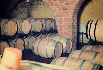 View on winery cellar with wine woods.