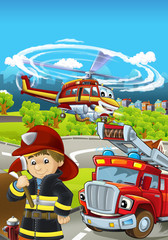 Cartoon stage with different machines for firefighting - truck and helicopter and firefighter - colorful and cheerful scene - illustration for children