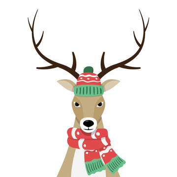 deer in Christmas hat, and scarf.