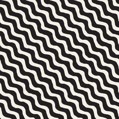 Vector Seamless Black and White Hand Drawn Wavy Diagonal Stripes Pattern - 128744094