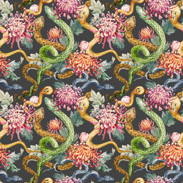 Watercolor snake and flowers pattern