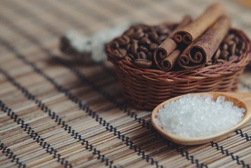Aromatic spa coffee set with sea salt and cinnamon sticks